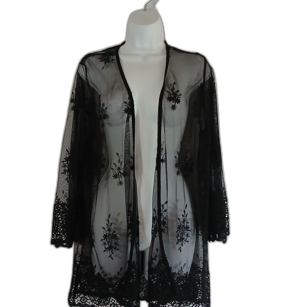 Lace Duster Black Sheer Floral Embroidery Open Sz ? Dark Romantic Whimsical Boho